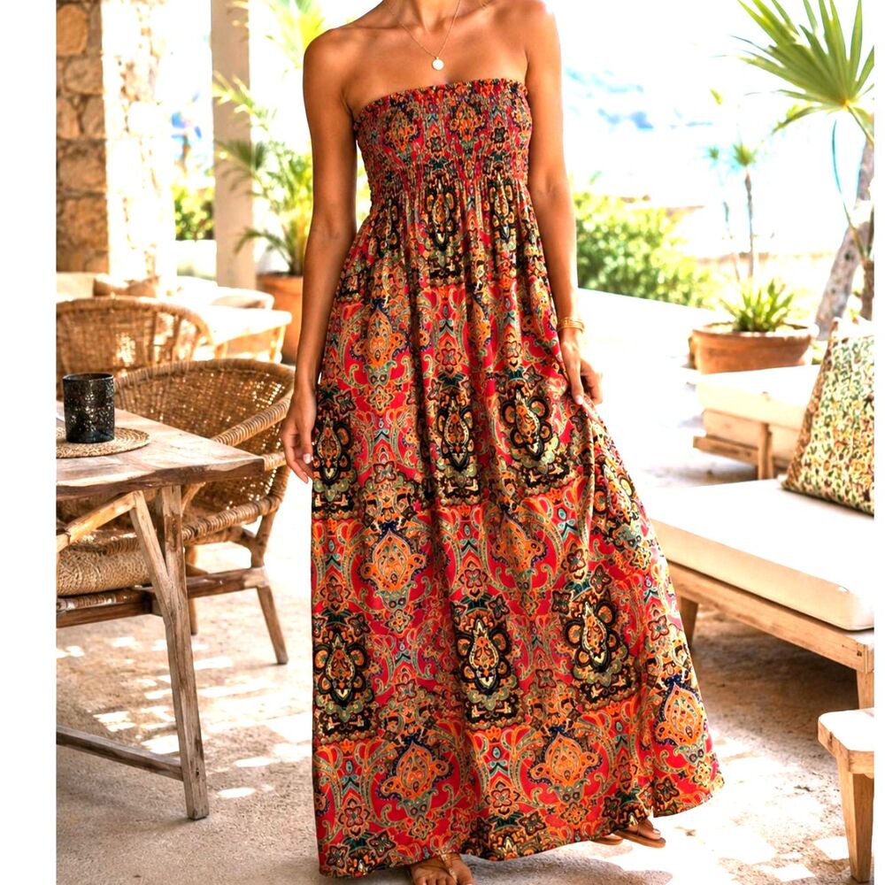 Boho Paisley Smocked Strapless Maxi Dress Orange Pink Teal One Size